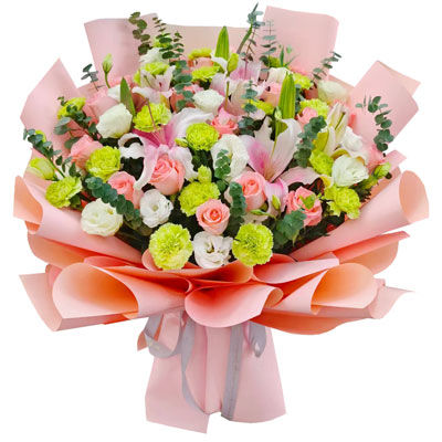 南充16朵粉玫瑰百合康乃馨，宁静和温柔